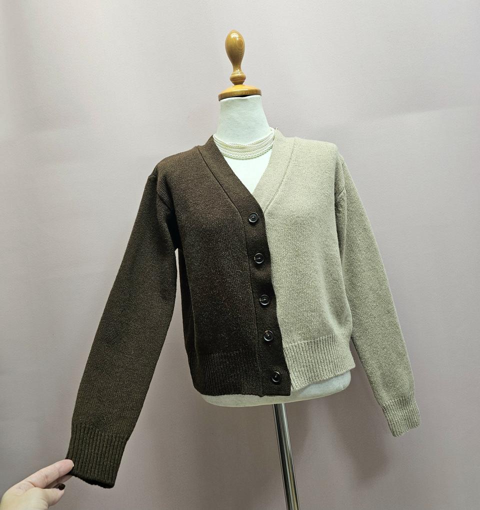 브라운 베이지 컬러블록 가디건