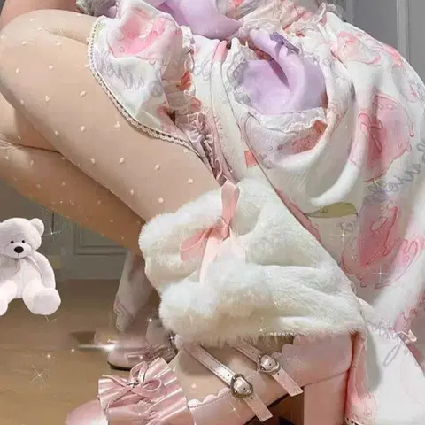 달천깔 핑크 리본 레그워머 핀터깔 히메갸루 로맨틱 핀터깔 양산형지뢰계