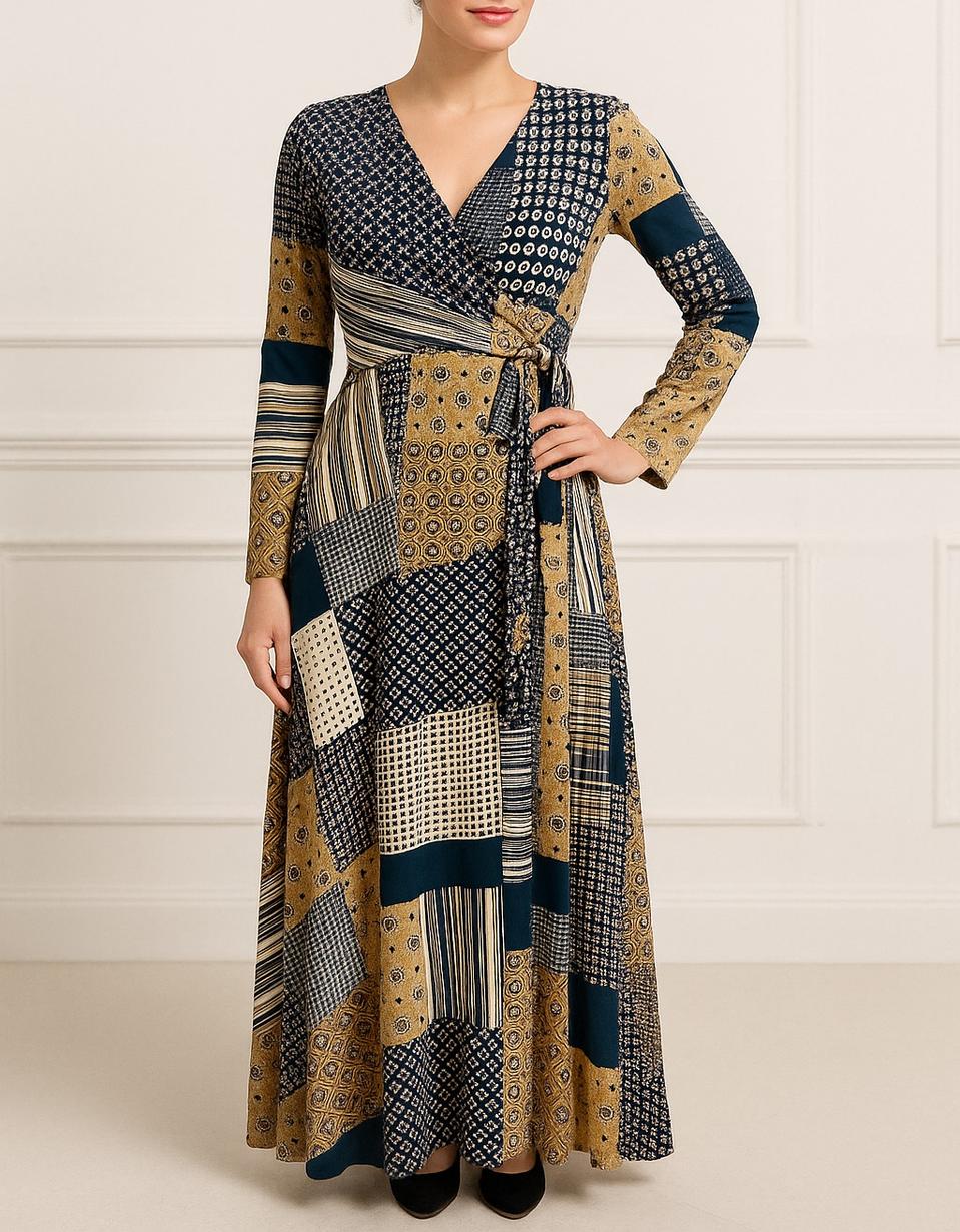 슬림핏 간절기 기하학 긴팔 랩스타일 롱원피스ㅡ무배