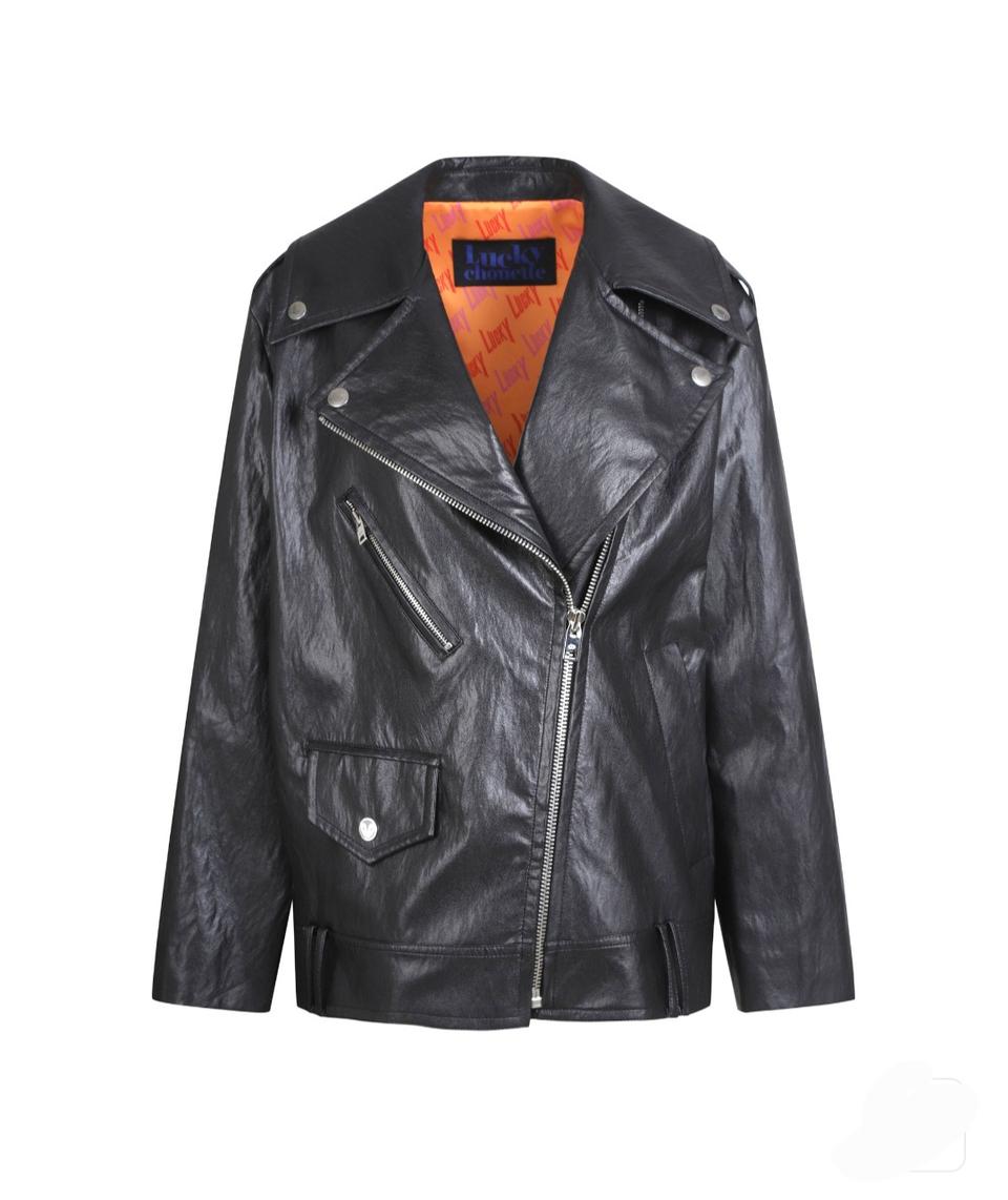 럭키슈에뜨 페이크 레더 데님 믹스 라이더 자켓 36 운포