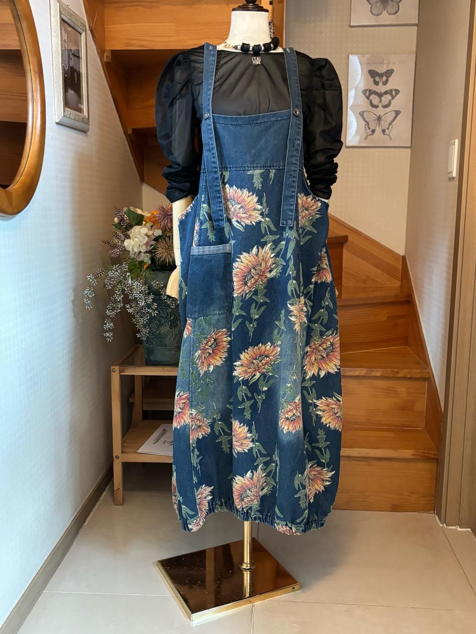 플라워 데님 멜빵롱 원피스