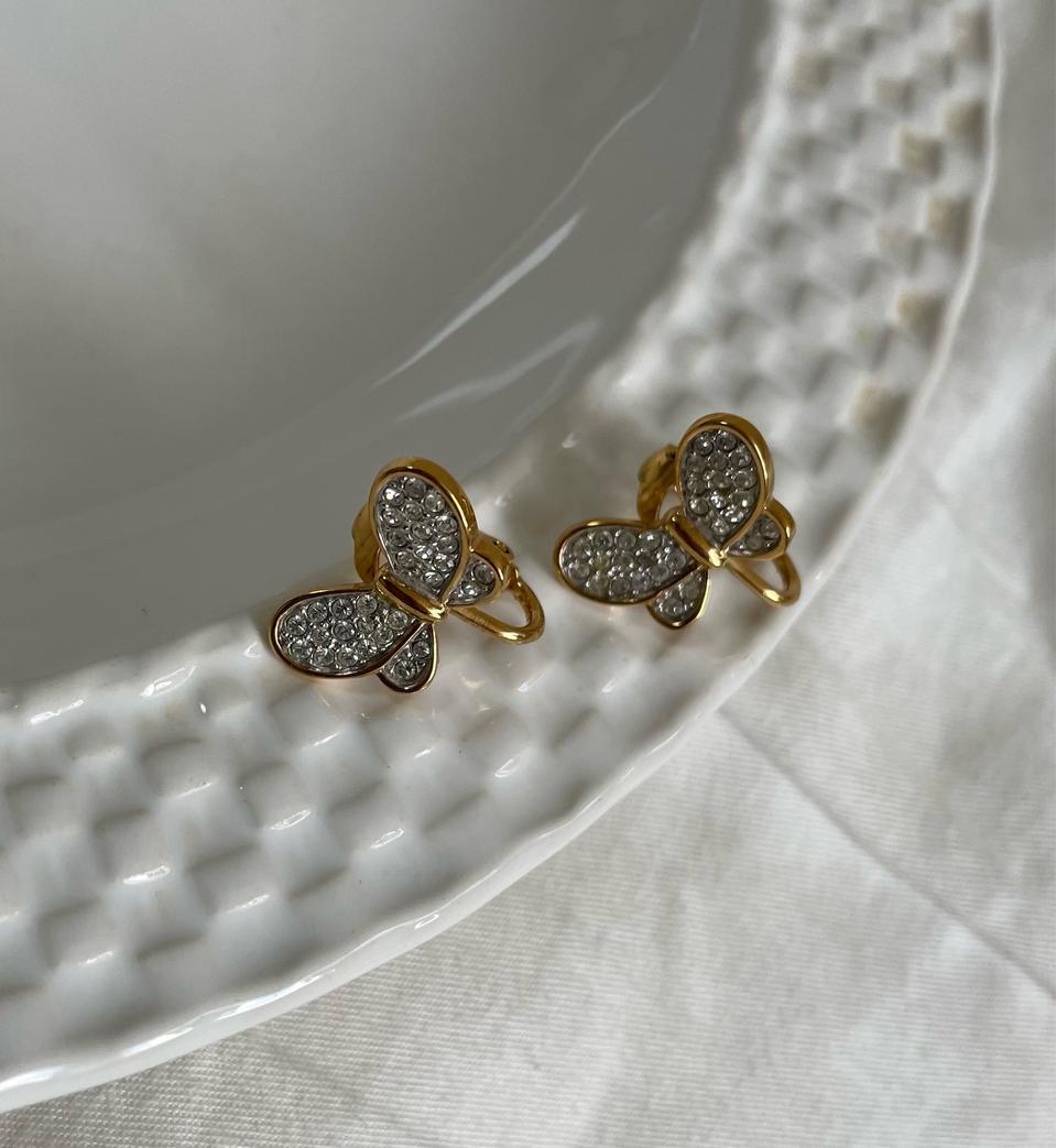 스와로브스키 정품 버터플라이 크리스탈 옐로골드컬러 귀걸이 클립형