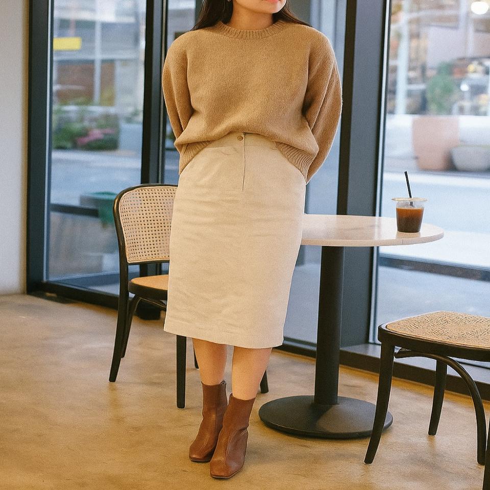 아이보리 코듀로이 H라인 스커트 M사이즈 / 가을겨울 데일리룩