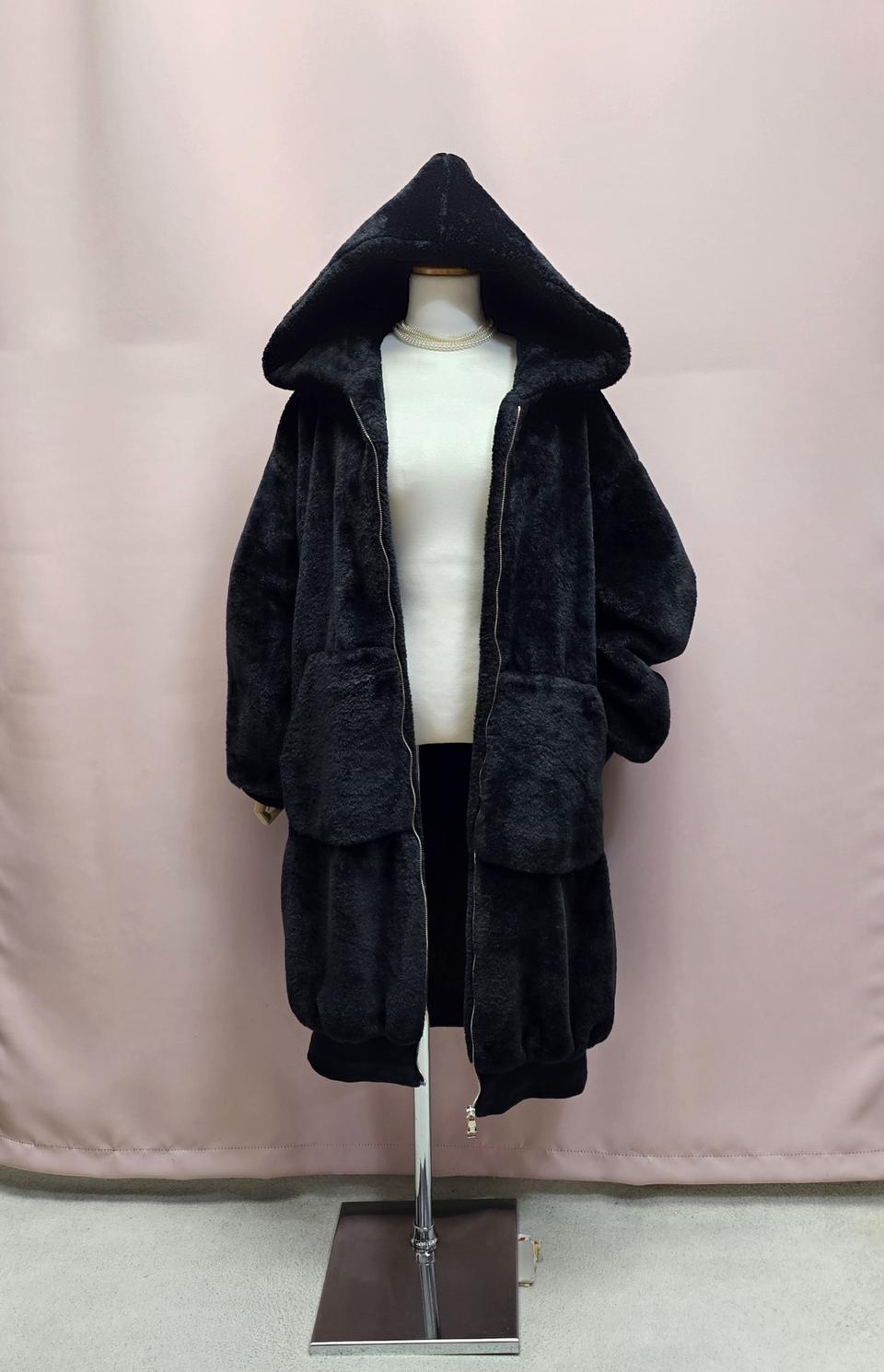 밍크에코퍼 빅후드 롱 집업점퍼