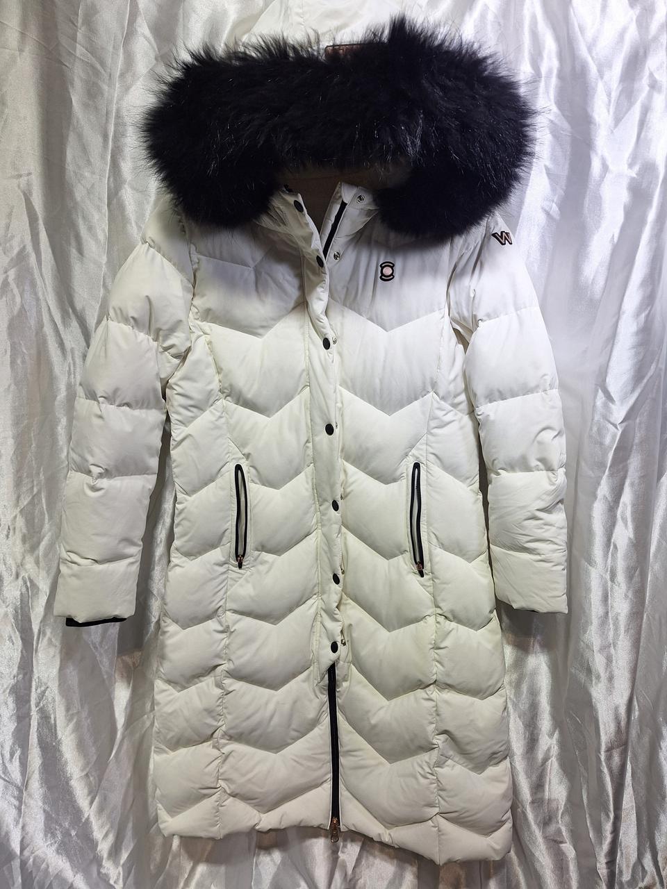 W.ANGLE 화이트 롱 구스다운 패딩 폭스퍼 후드
