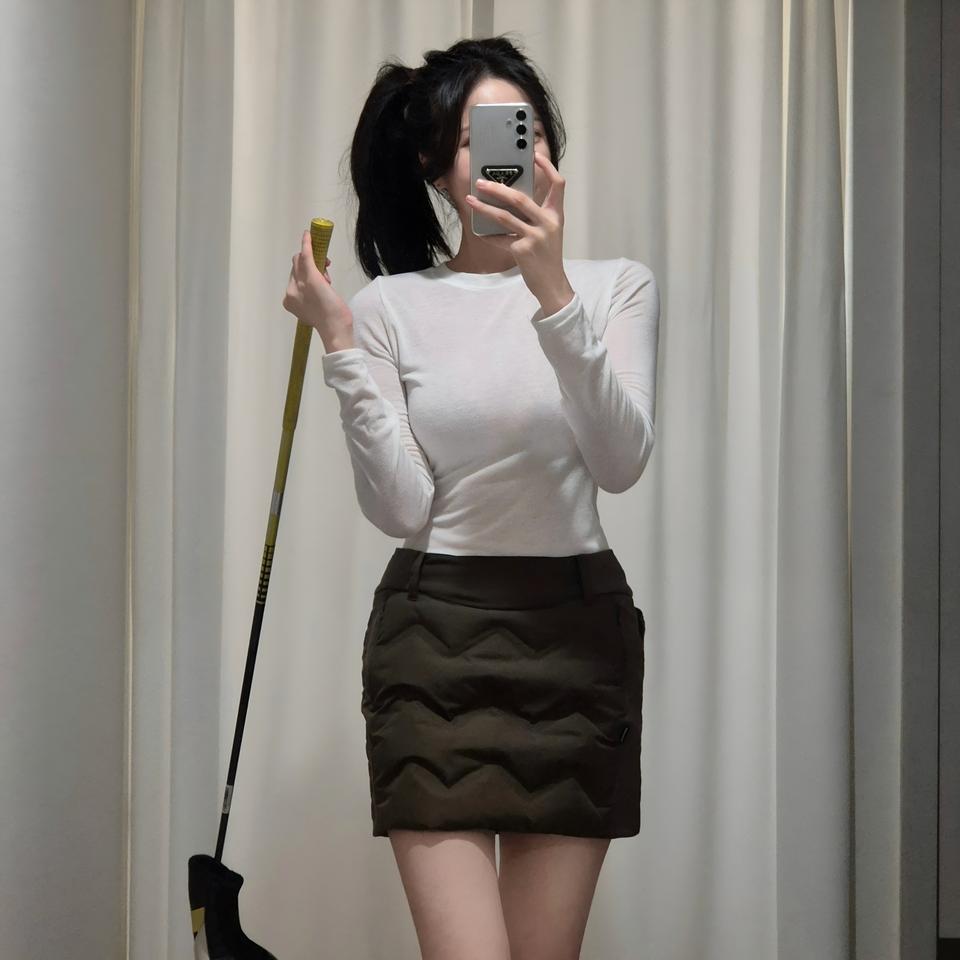 파리게이츠- 큐티 방울방울 퀄팅 거위 패팅 카키 골프 스커트(속바지o)