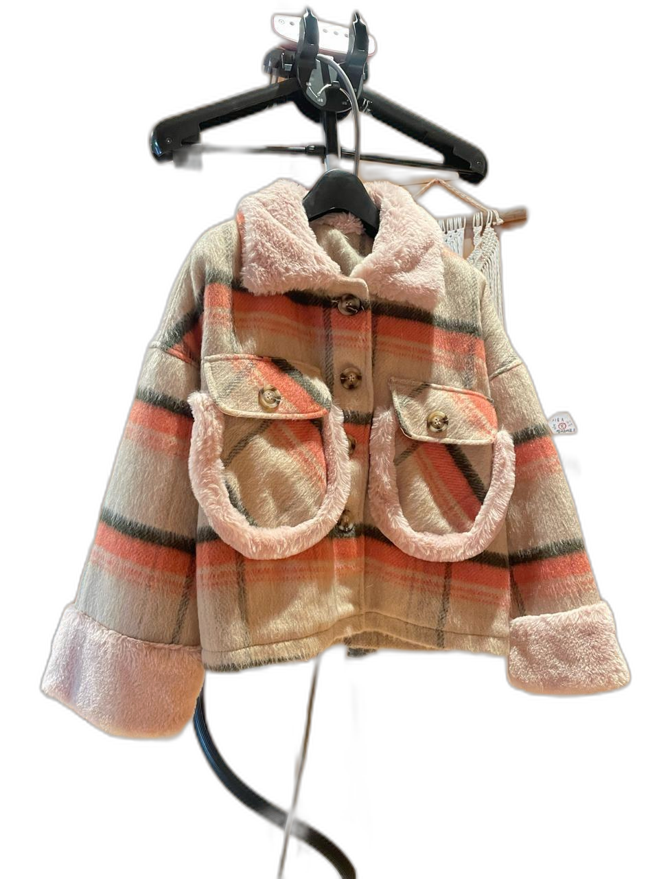 체크 숏 자켓 퍼자켓 핑크퍼