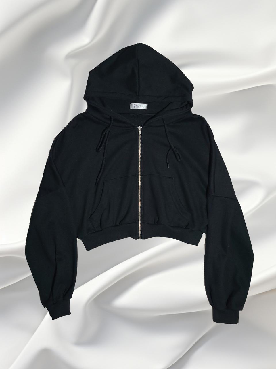 DeJou 블랙 크롭 후드 집업