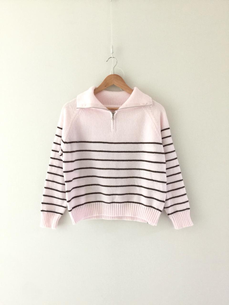 (새) 연핑 브라운 스트라이프 니트 집업