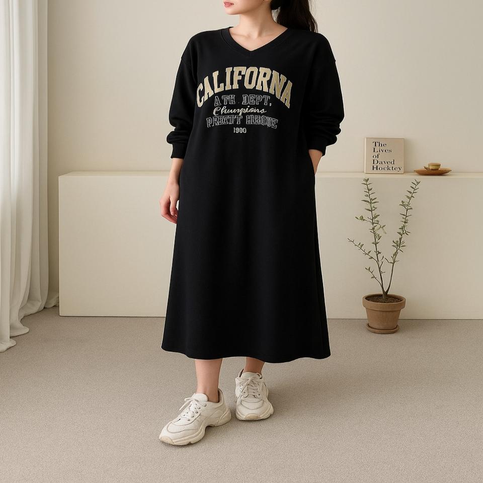 루즈핏 레터링 브이넥 맨투맨 롱원피스ㅡ무배