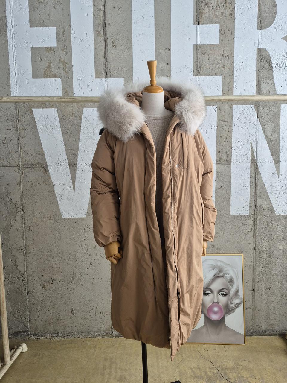 듀엘 구스팡팡 퍼후드 롱패딩코트