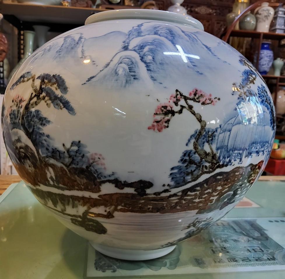 송정서쌍수 작 산수문도자기