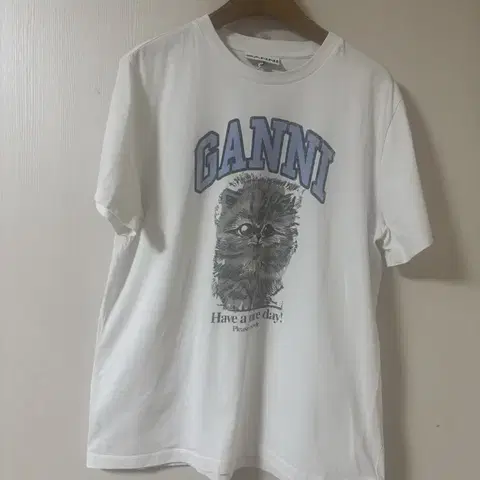 가니 GANNI 화이트 고양이 프린팅 반팔 티셔츠