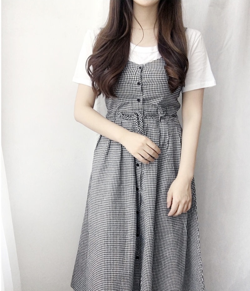 새상품) 고방체크 롱원피스 뷔스티에 리본 스트링 나시 버튼 빈티지 러블리