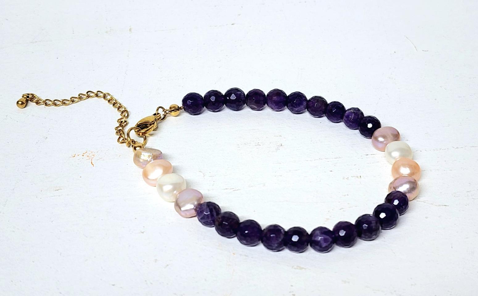 핸드메이드 A+ 자수정 진주 팔찌