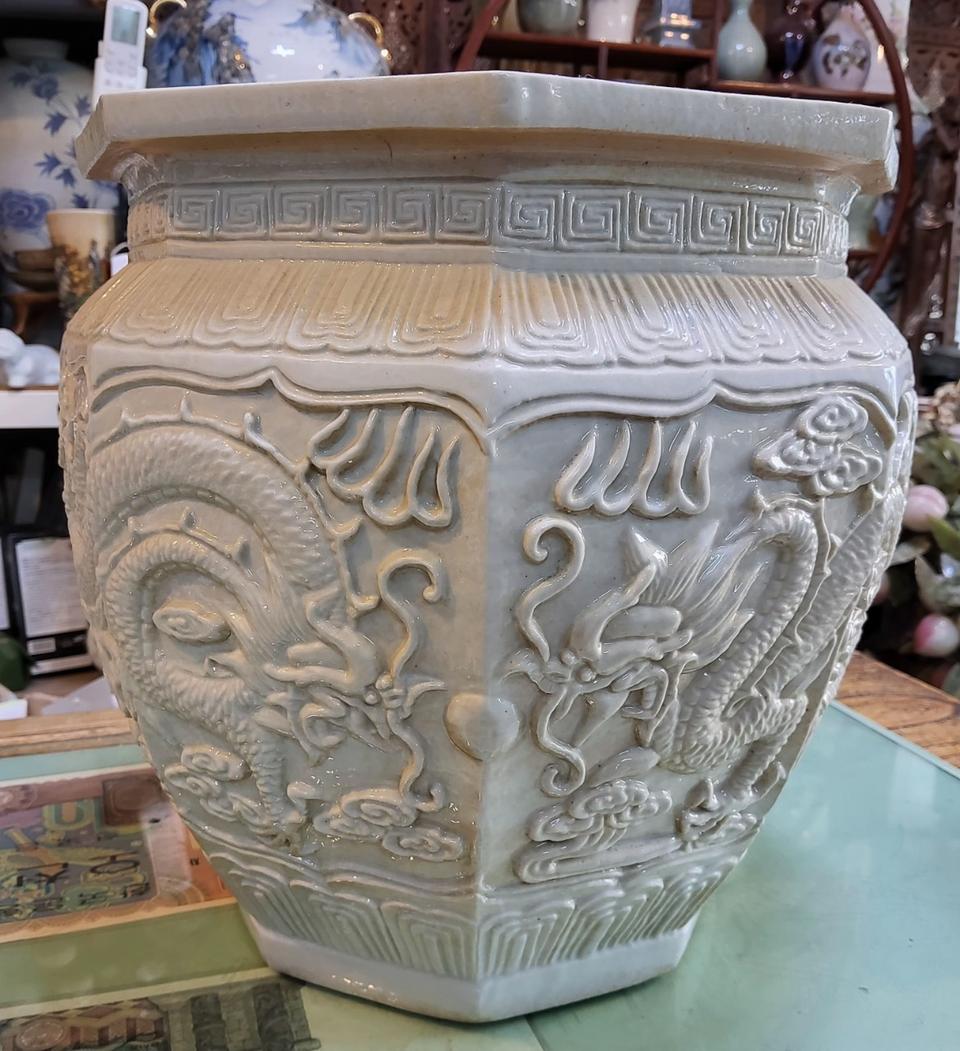 왕병연 팔각 양각 용 봉황 대형 육각 도자기