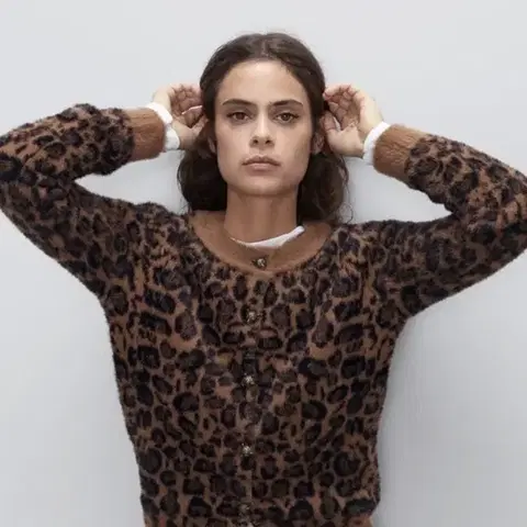 [L] ZARA 자라 애니멀 레오파드 호피 자카드 니트 가디건