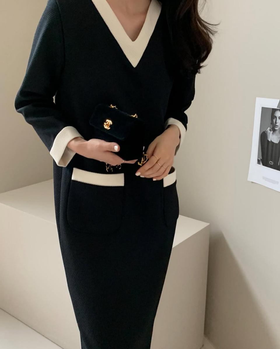 데일리룩 쇼핑몰 자체제작 배색 브이넥 롱 원피스