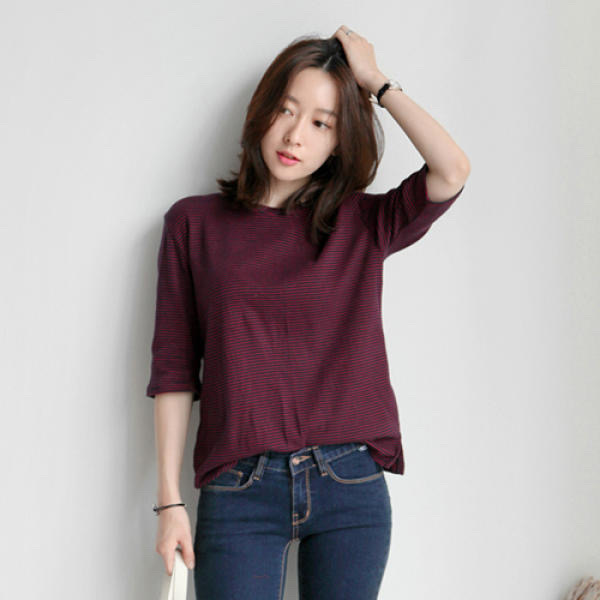 챠콜&화이트 스트라이프 7부티셔츠