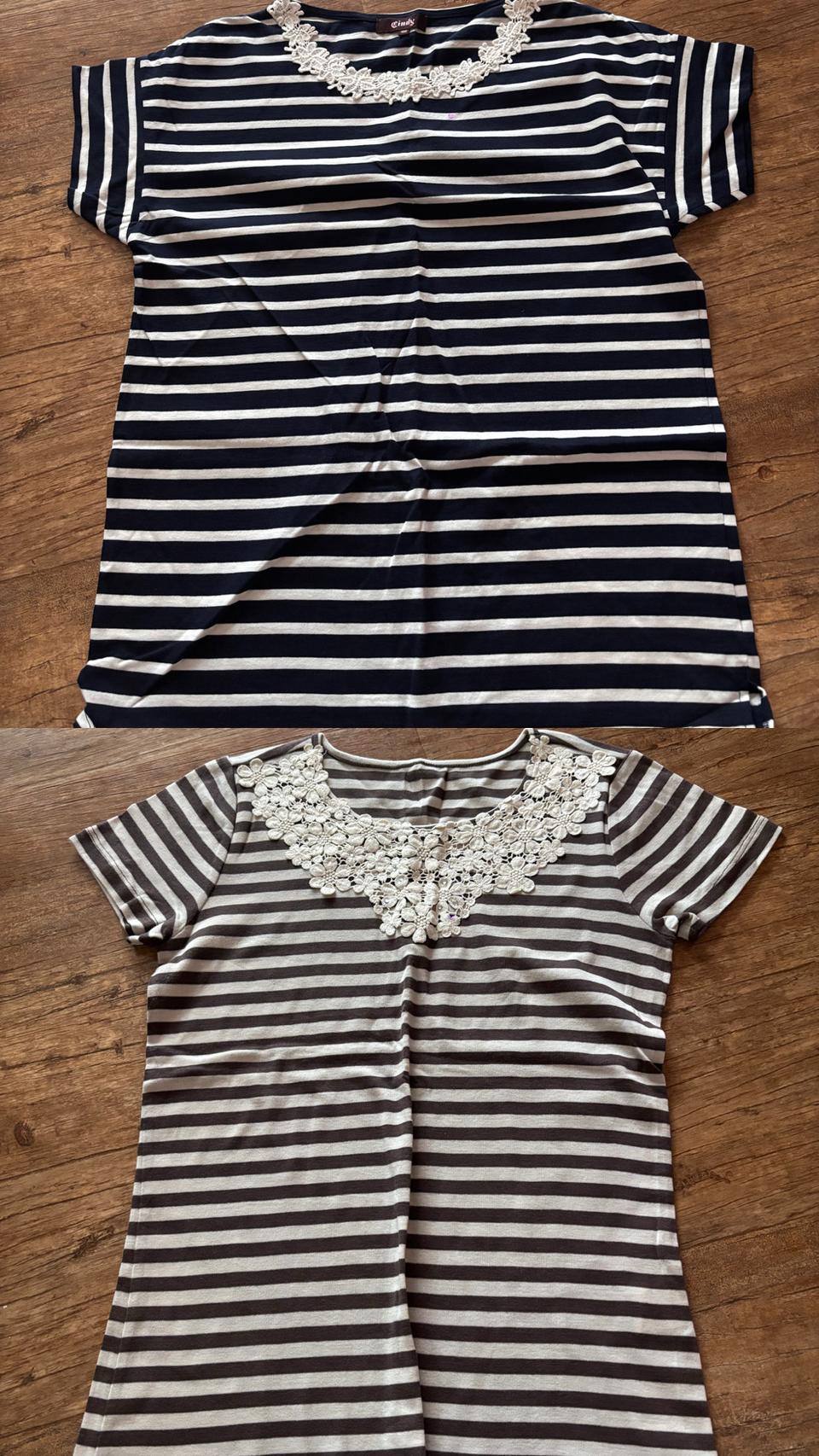 새옷 2벌 일괄 스트라이프티 줄무늬 티셔츠 반팔티 여자옷 m사이즈 자수티