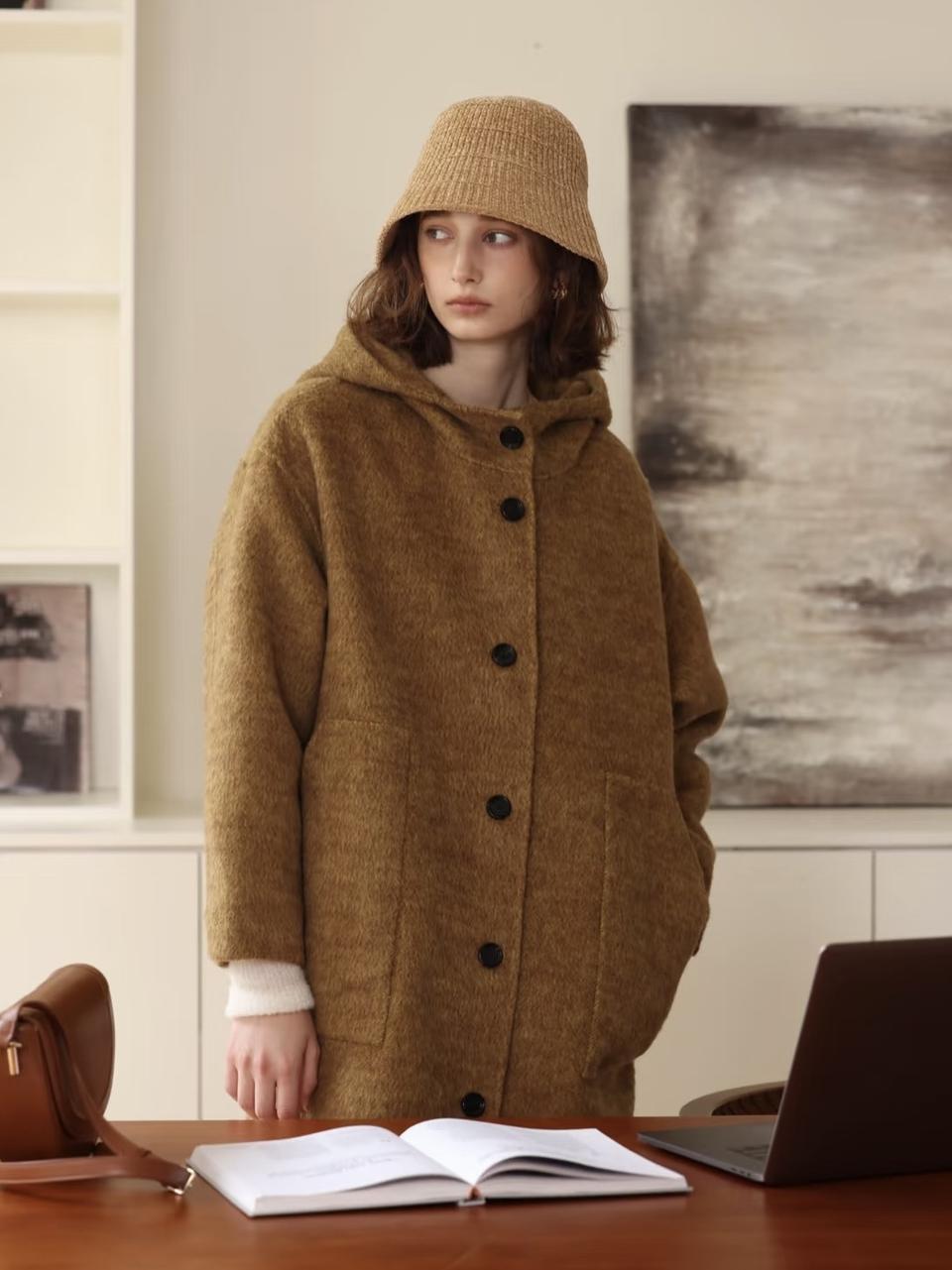 아페쎄 정품 프렌치 무드 브라운 후드 울 코트 xs 55