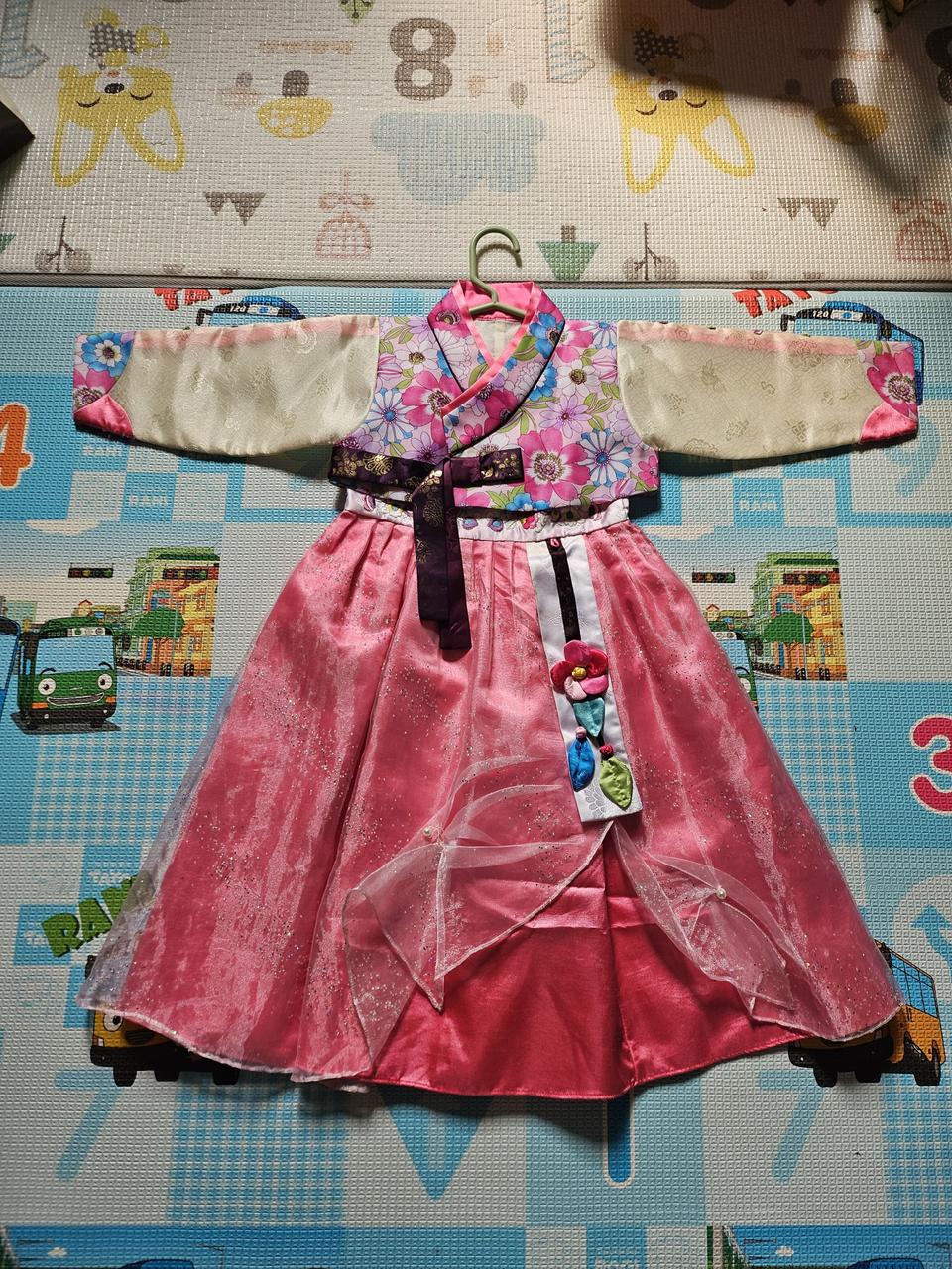 여아 핑크색 추석한복 레이스치마 꽃한복 90-100사이즈