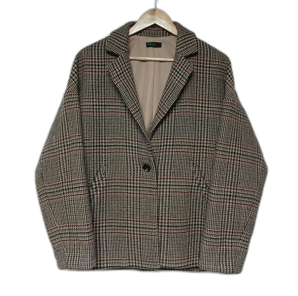 베네통 오버핏 체크 숏 코트