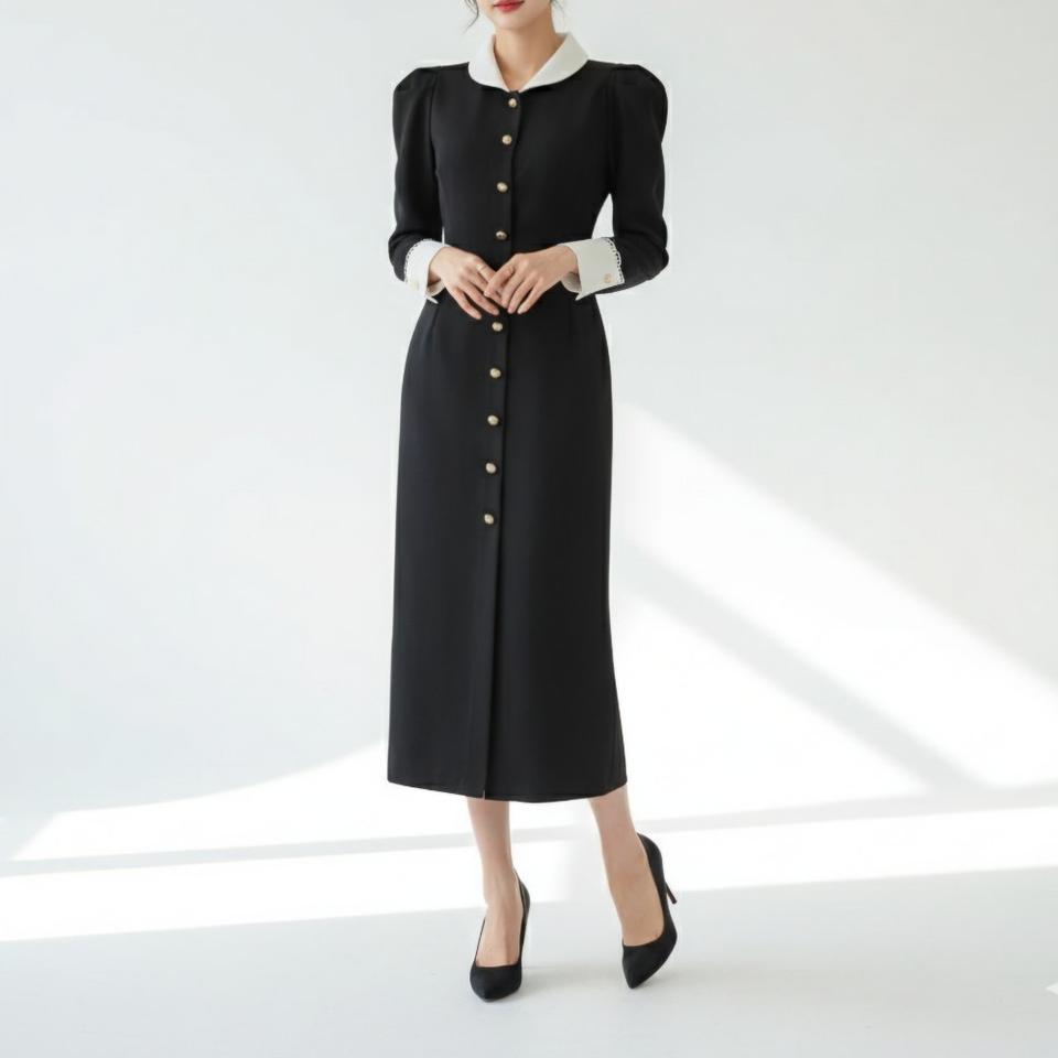 고급 하객룩 모임룩 카라 버튼 맥시 롱원피스ㅡ무배