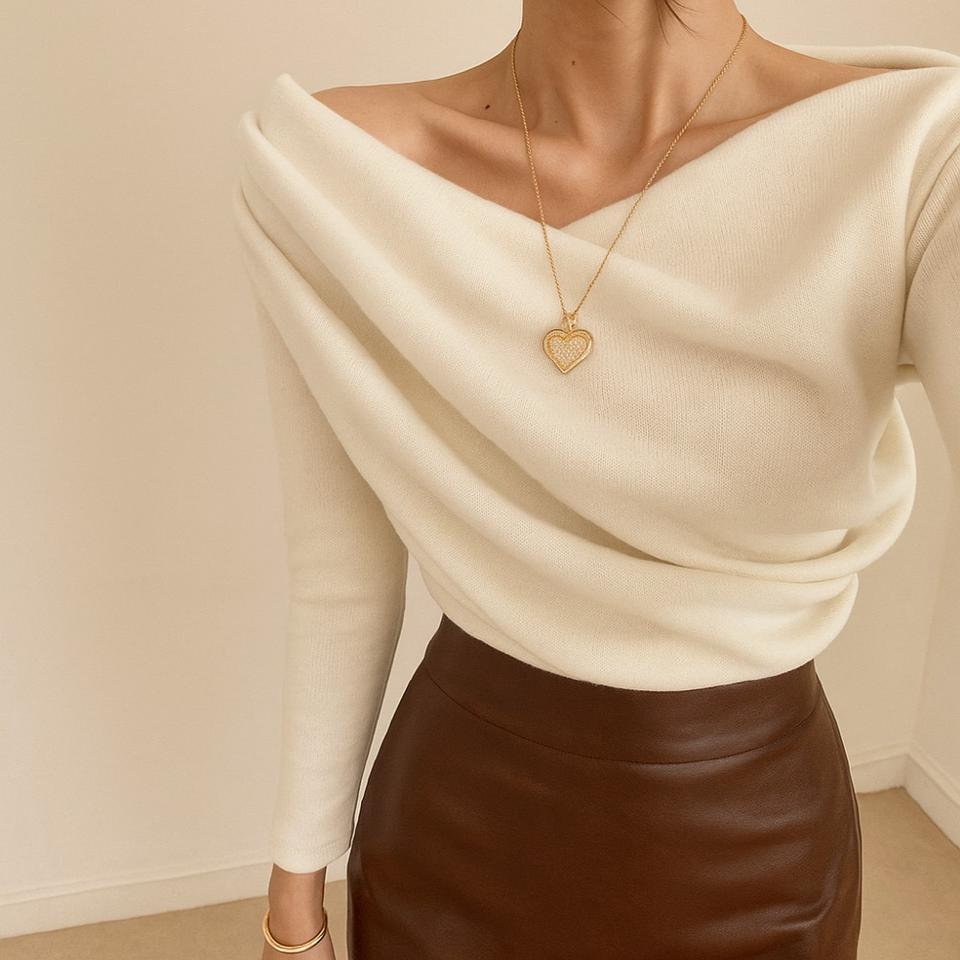 7부소매 오프숄더 드레이프 니트티(3color)