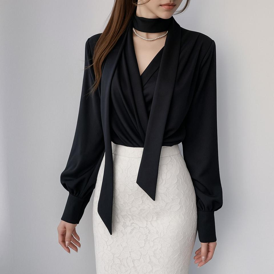 새틴 브이넥 타이 블라우스 하객룩,오피스룩,데일리룩