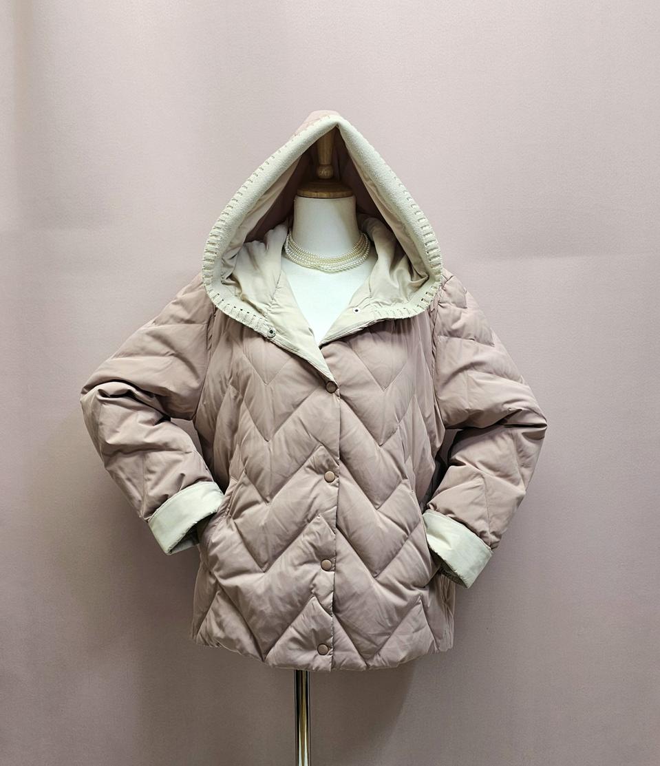 니트 후드배색 오리털 경량 패딩