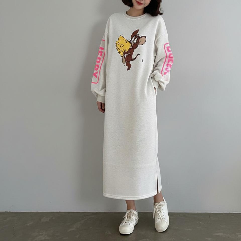 프린팅 기모 롱  데일리 루즈핏 원피스