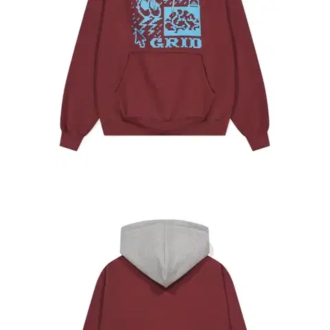 마하그리드 버건디 후드티 그레이 배색