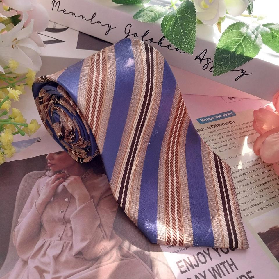 제냐 실크 베이지&블루 스트라이프 넥타이 8.7cm A+등급 K1385