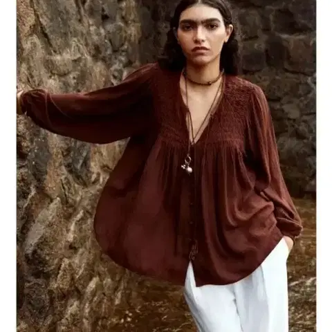 zara 자라 셔링 플루이드 블라우스 - 브라운,M