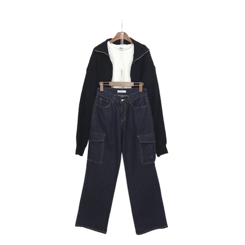 특가)카고 스티치 와이드 인디고 데님팬츠 청바지 S