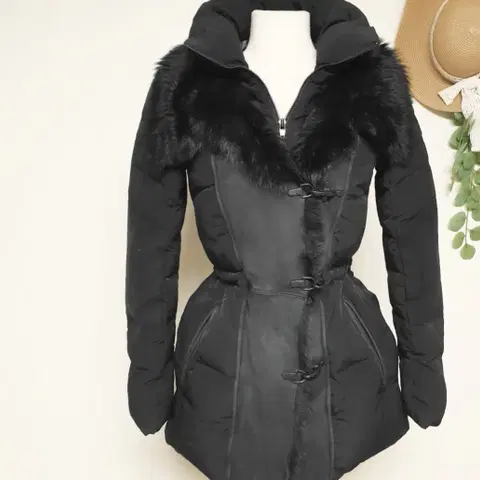 보브 양가죽배색 숏패딩 55 양털 허리쪼임 덕다운 블랙