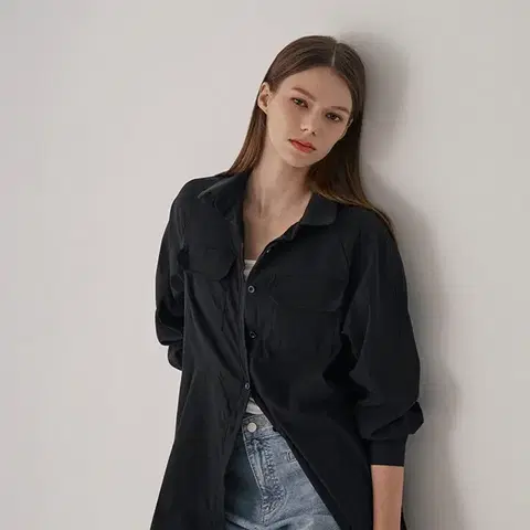 자라 투포켓 오버핏 롱셔츠 블랙 XS