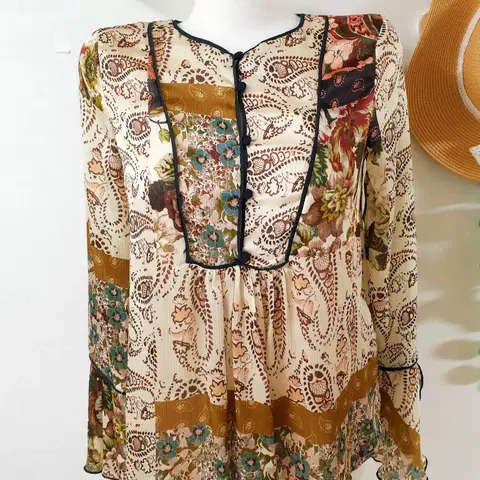 자라 콩단추 에스닉 블라우스 44 브라운플라워 XS