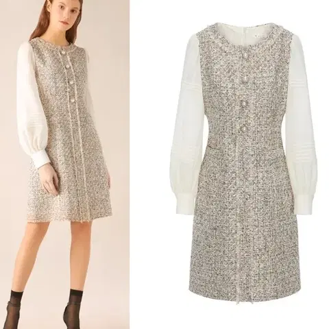 잇미샤 21FW 오간자소매 트위드원피스 55 미디 베이지