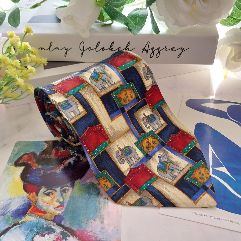 던힐 실크 베이지 코끼리 아트 패턴 넥타이 9.8cm A+등급 K1381