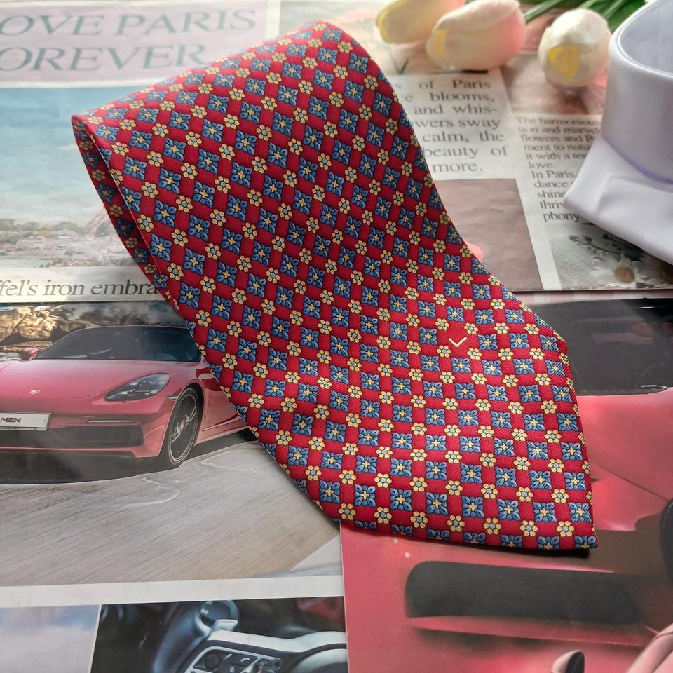 란셀 실크 레드 플라워 기하 패턴 넥타이 9.5cm A+등급 A18741