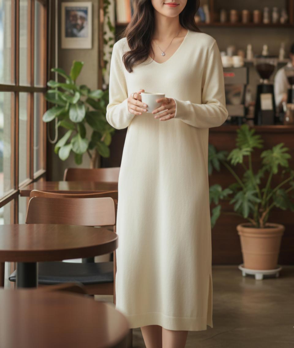 브이넥 크림 아이보리 니트 롱 원피스 (프리사이즈)