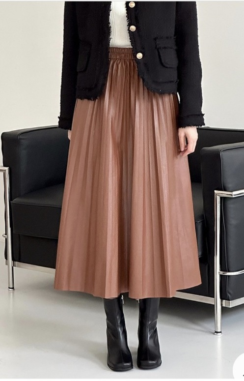 브라운 레더주름 스커트