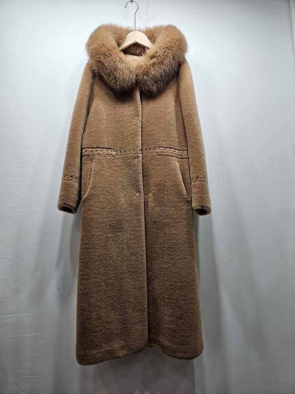 천연양모 롱무스탕 후드 폭스퍼 M