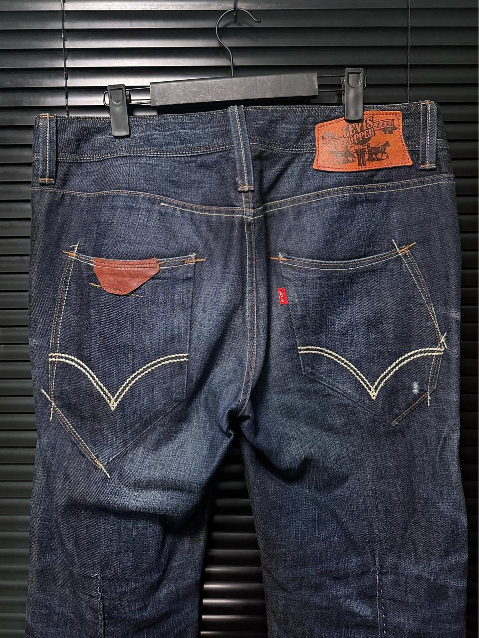 리바이스 쿠퍼 가죽 부츠컷 나팔 바지 플레어진 워싱 데님 스티치 34