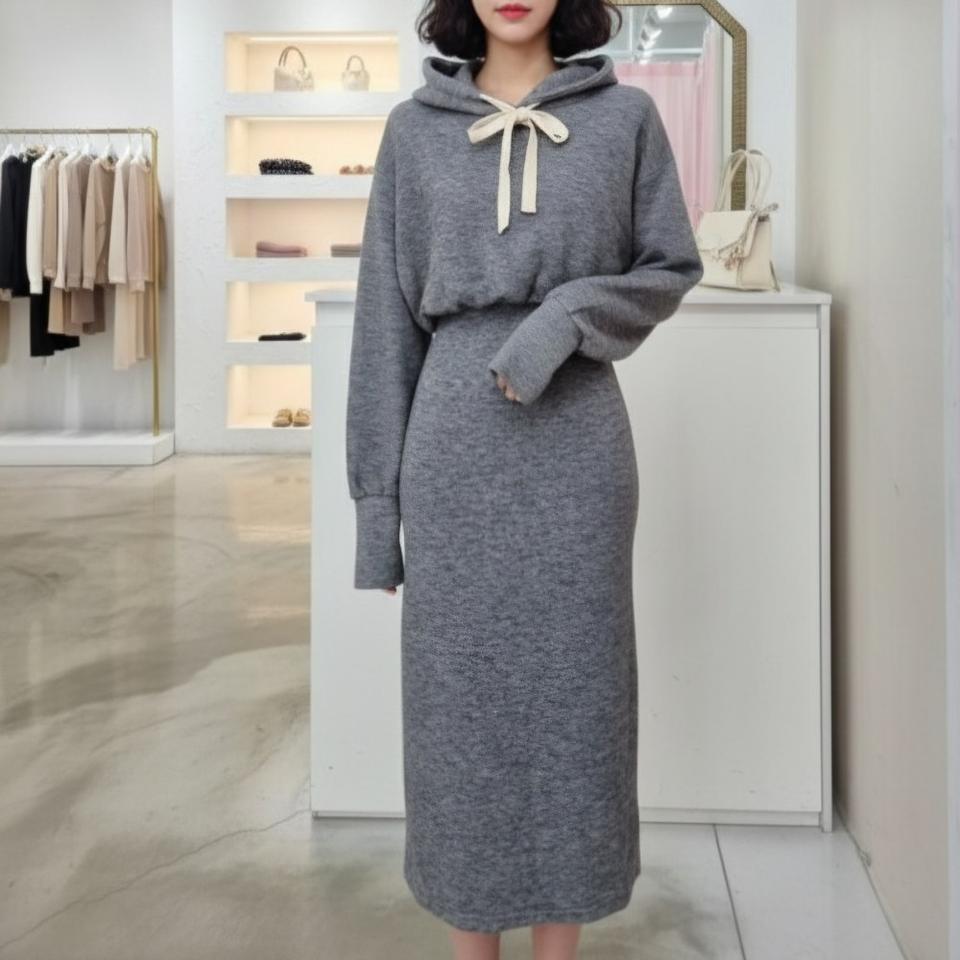 캐주얼 회색 후드 니트 원피스 프리사이즈ㅡ무배