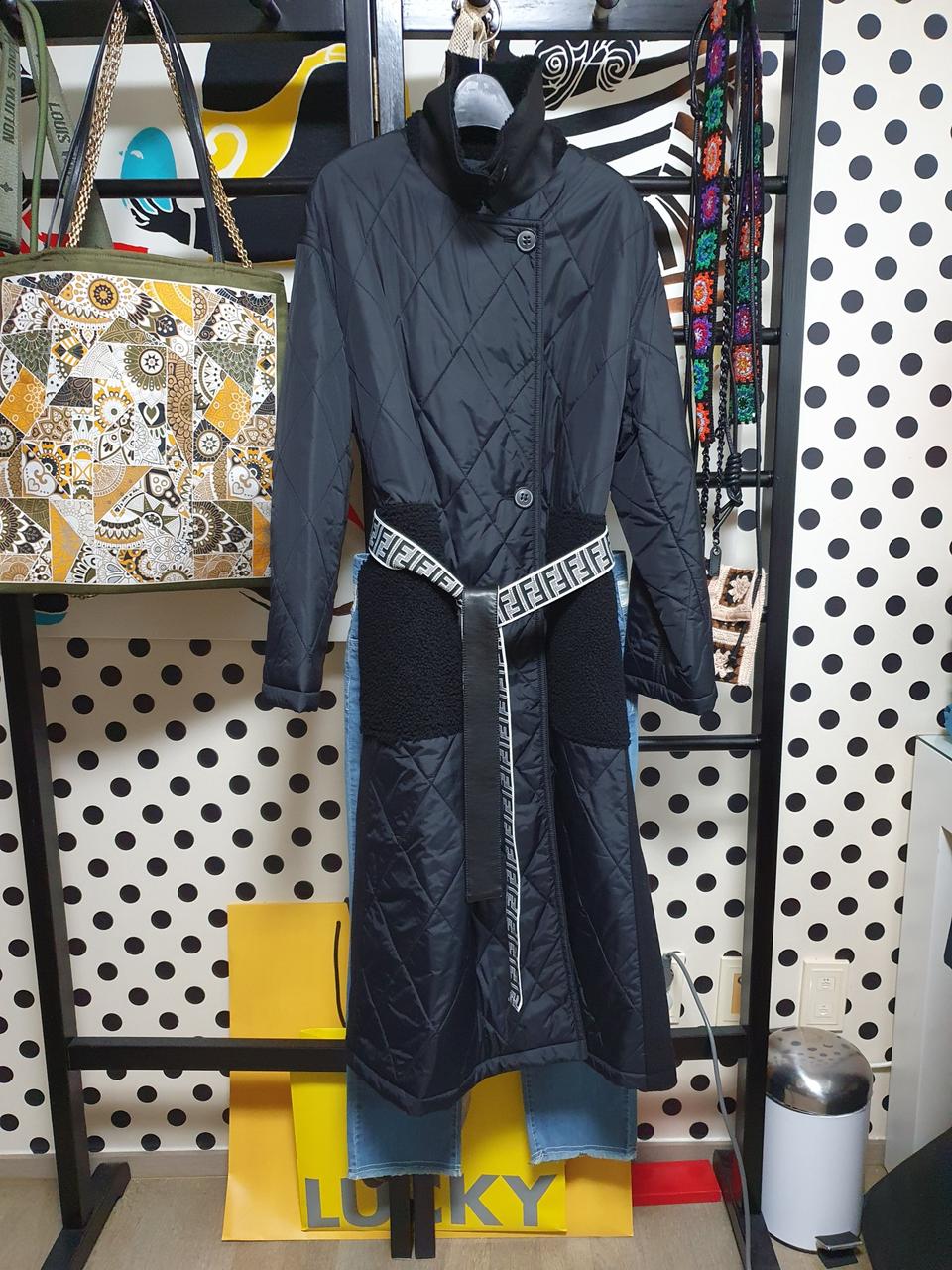 리얼 무스탕 카라 주머니 패딩 롱코트 M