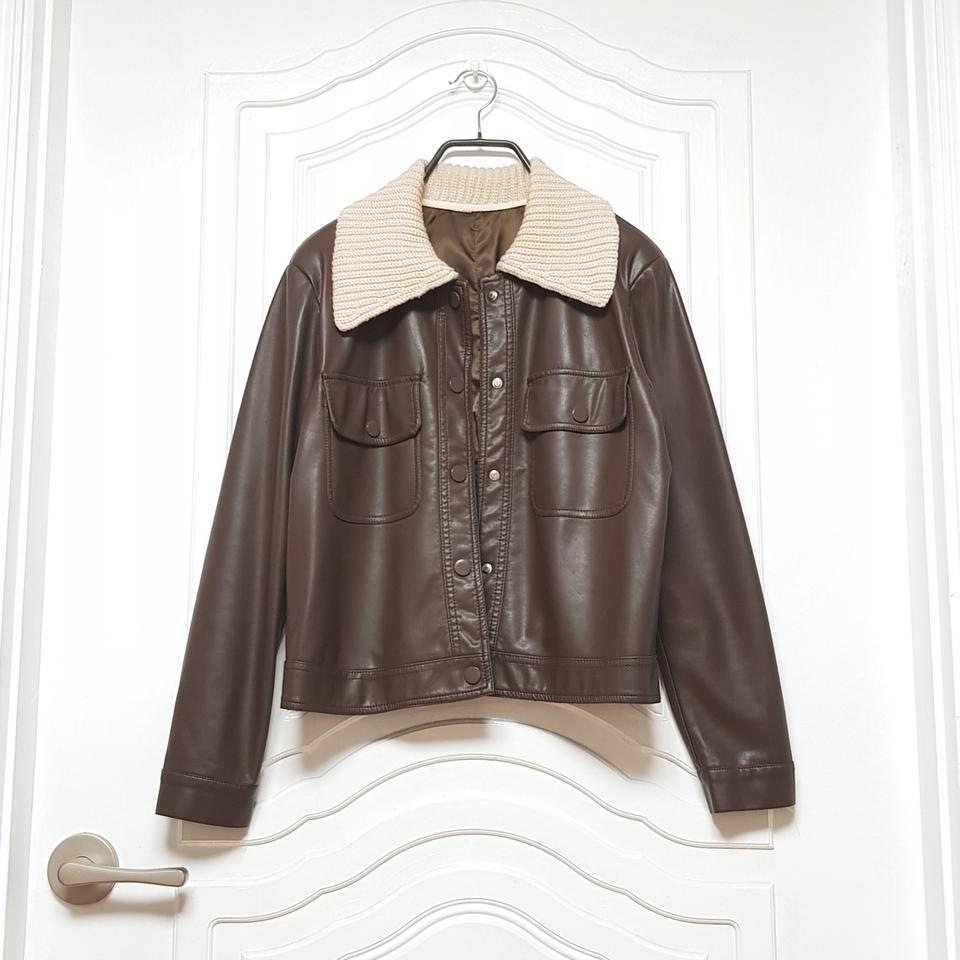 니트 카라 배색 가죽자켓 레더자켓 브라운 프리 66