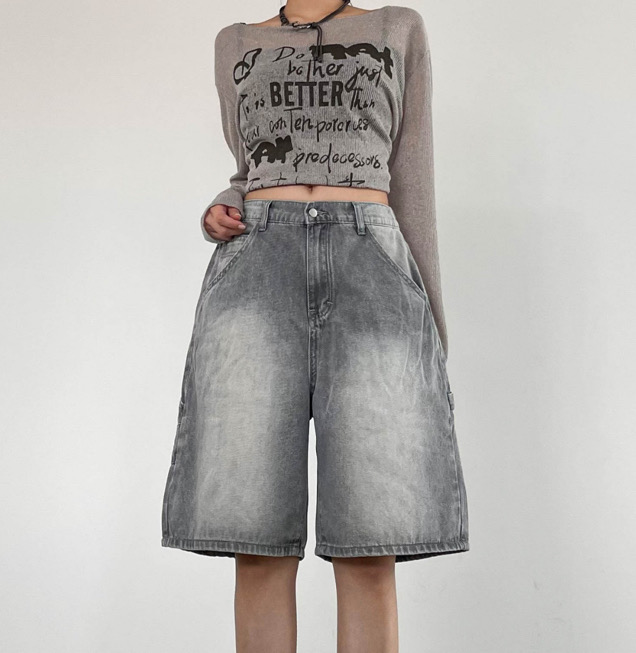 내추럴 워싱 와이드 카고 하프 데님 버뮤다팬츠